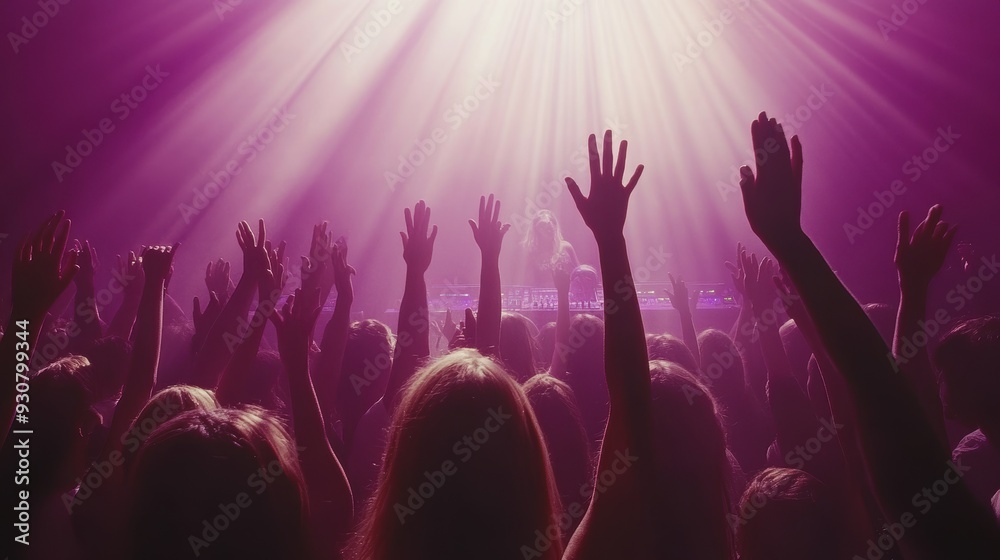 A vibrant concert crowd celebrating, with a woman raising her hand in the air as confetti falls, bathed in red stage lights. A vibrant concert crowd celebrating, with a woman raising her hand in the air as confetti falls, bathed in red stage lights.