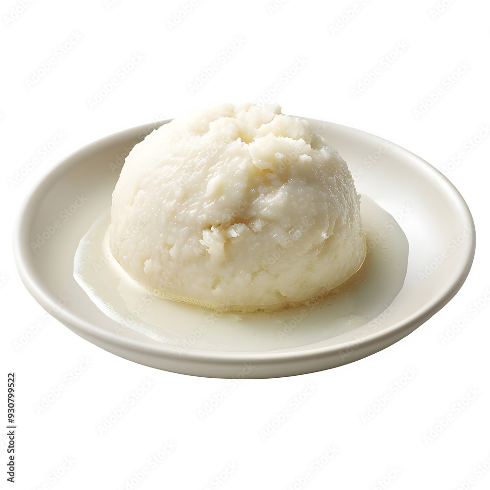 Close-up of traditional angolan funje served on a white plate, isolated on transparent background Close-up of traditional angolan funje served on a white plate, isolated on transparent background