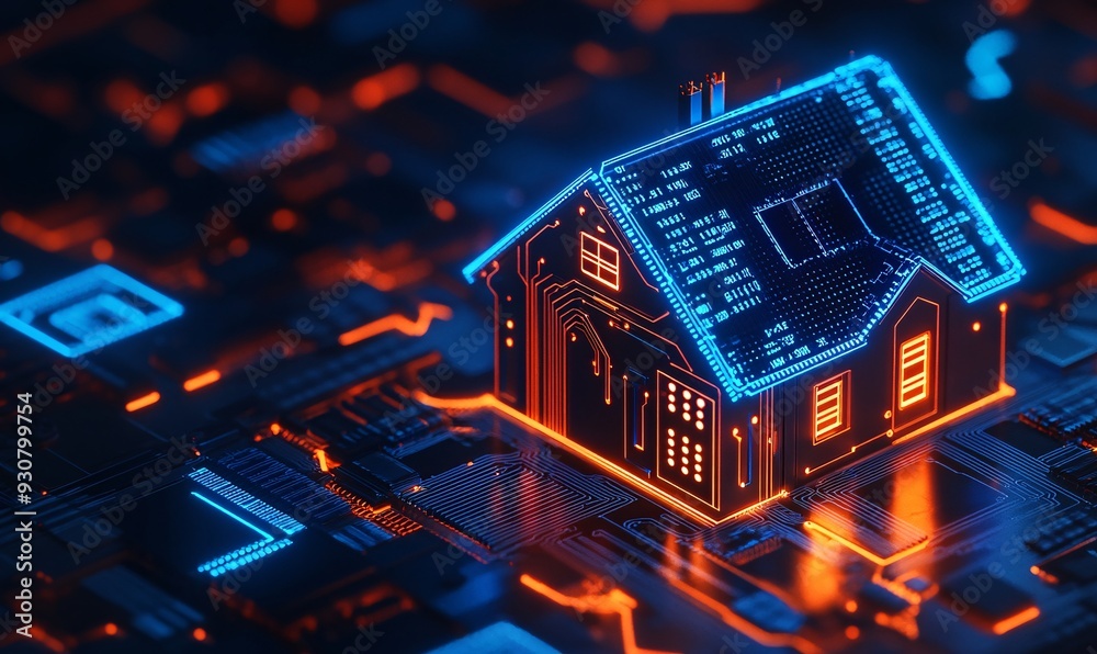 Futuristic Smart Home Concept on Circuit Board Background Futuristic Smart Home Concept on Circuit Board Background