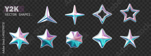 Y2K chrome holographic stars in various shapes isolated. Realistic shape collection in retro futuristic style. 3d star in aesthetic futuristic.