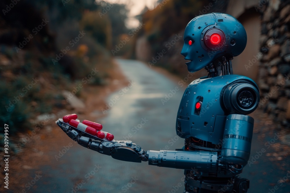 Futuristic robot on a rural path symbolizing the blend of advanced technology with traditional landscapes Futuristic robot on a rural path symbolizing the blend of advanced technology with traditional landscapes