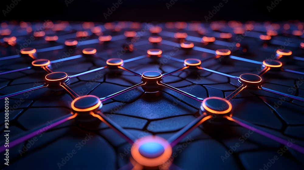Fototapeta premium A futuristic network visualization showcasing interconnected nodes shining with vibrant neon colors against a dark backdrop.