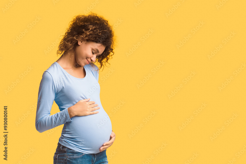 Enjoying pregnancy. Expectant woman embracing her belly over white background, panorama with free space Enjoying pregnancy. Expectant woman embracing her belly over white background, panorama with free space