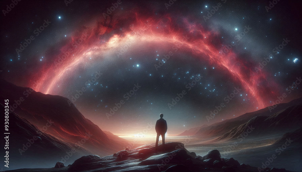 Person Under Starry Sky with Red Nebula Person Under Starry Sky with Red Nebula