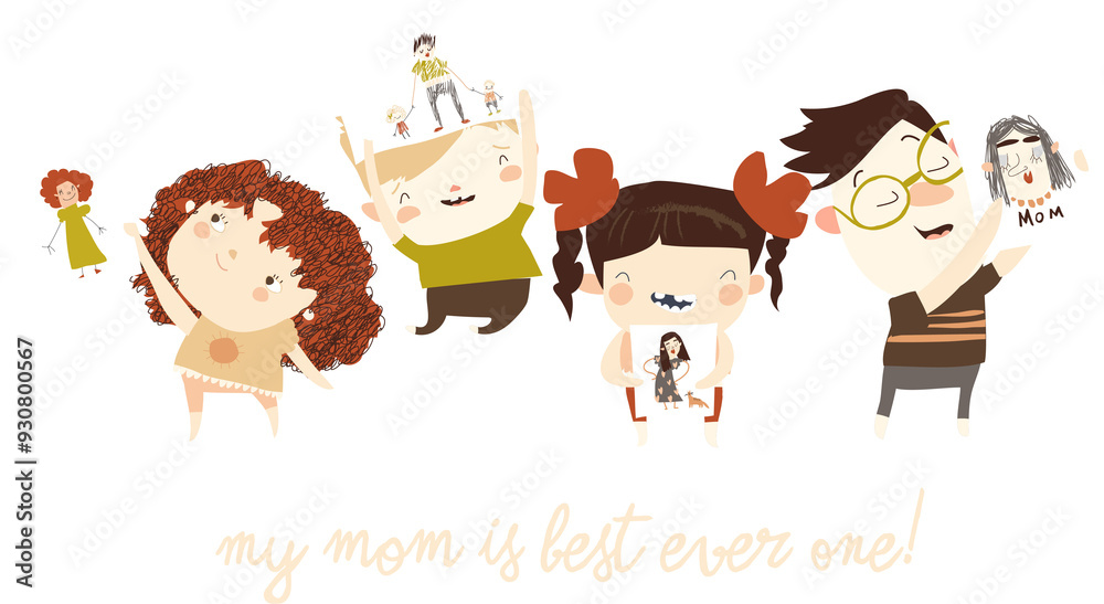 Fototapeta premium Happy kids with hand drawn portraits of their mothers