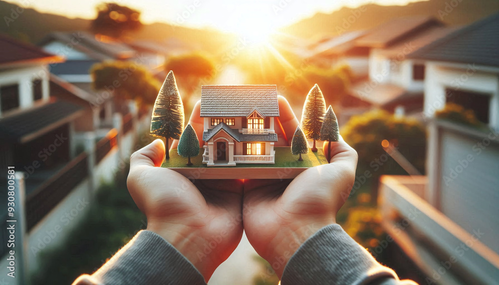 Hands Cradling Miniature House at Sunset