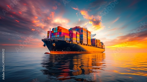 A cargo ship loaded with colorful containers sailing at sunset.