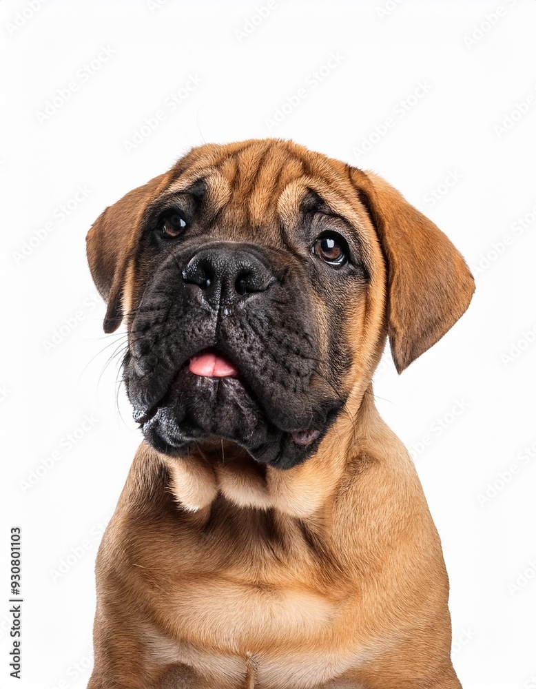笑顔のブルマスティフの子犬のポートレート(Portrait of a smiling Bullmastiff puppy on white background)
笑顔のブルマスティフの子犬のポートレート(Portrait of a smiling Bullmastiff puppy on white background)