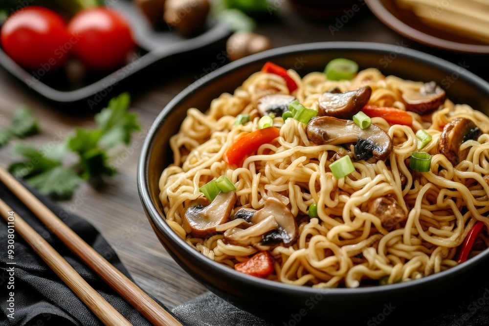 Asian noodles with vegetables and mushrooms, soy sauce Asian noodles with vegetables and mushrooms, soy sauce