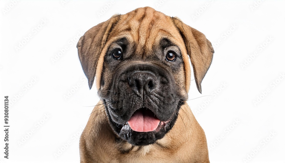 笑顔のブルマスティフの子犬のポートレート(Portrait of a smiling Bullmastiff puppy on white background)
笑顔のブルマスティフの子犬のポートレート(Portrait of a smiling Bullmastiff puppy on white background)
