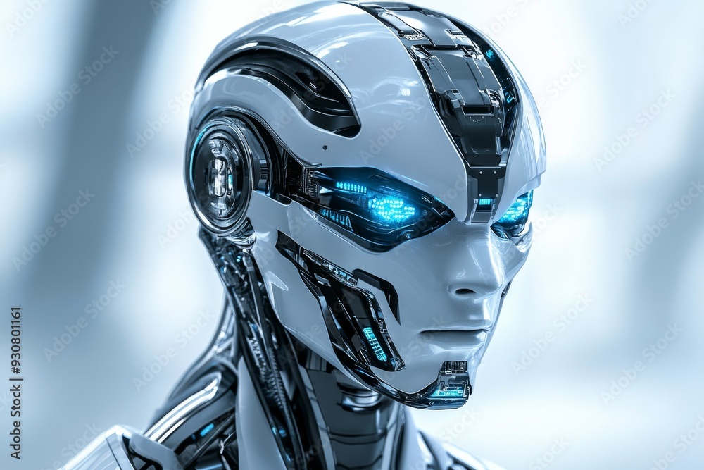 Robot with human like features reflecting on a technological component merging human traits with robotic precision Robot with human like features reflecting on a technological component merging human traits with robotic precision
