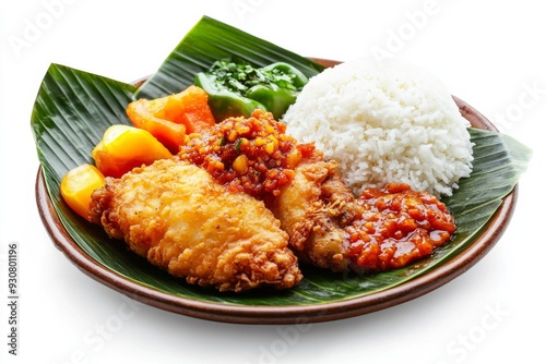 food photography,Ayam Geprek Indonesian Food crispy fried chicken with hot and spicy sambal Chili Sauce Served, isolated on white background