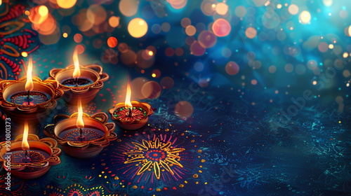 Festive Diwali design with a deep indigo base, highlighted by colorful rangoli patterns, sparkling fireworks, and glowing oil lamps arranged in decorative pattern. Oriental festival of lights. Ramadan photo