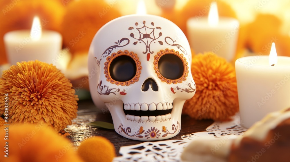 A skull with a smiling face is surrounded by orange flowers and candles A skull with a smiling face is surrounded by orange flowers and candles