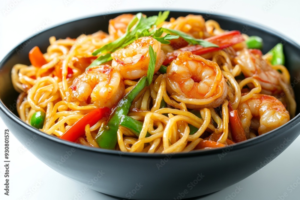 Indonesian cuisine prawn noodles and vegetables stir fried dish in black bowl, Isolated on White Background Indonesian cuisine prawn noodles and vegetables stir fried dish in black bowl, Isolated on White Background