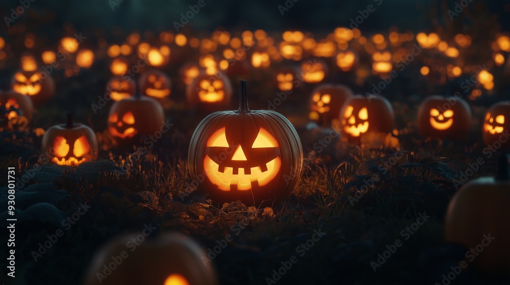 Fototapeta premium A vibrant pumpkin patch is illuminated at dusk by carved jack-o'-lanterns, creating a festive and spooky atmosphere.