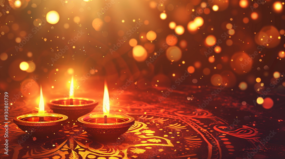 Festive Diwali image with a warm amber background, highlighted by detailed illustrations of traditional diya lamps, colorful rangoli patterns, and twinkling fairy lights. Oriental festival of lights Festive Diwali image with a warm amber background, highlighted by detailed illustrations of traditional diya lamps, colorful rangoli patterns, and twinkling fairy lights. Oriental festival of lights