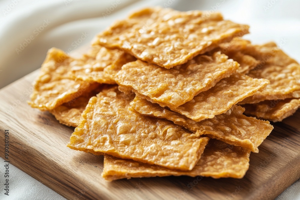 Keripik Tempe or Tempe chips. a typical Indonesian food made from thinly sliced tempeh and then fried using seasoned flour on the wooden cutting board Keripik Tempe or Tempe chips. a typical Indonesian food made from thinly sliced tempeh and then fried using seasoned flour on the wooden cutting board