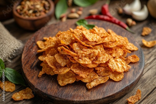 Keripik Tempe or Tempe chips. a typical Indonesian food made from thinly sliced tempeh and then fried using seasoned flour on the wooden cutting boardTop View photo