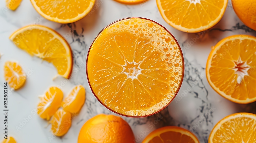 A vibrant display of oranges and orange slices arranged around a glass of orange juice. A vibrant display of oranges and orange slices arranged around a glass of orange juice.