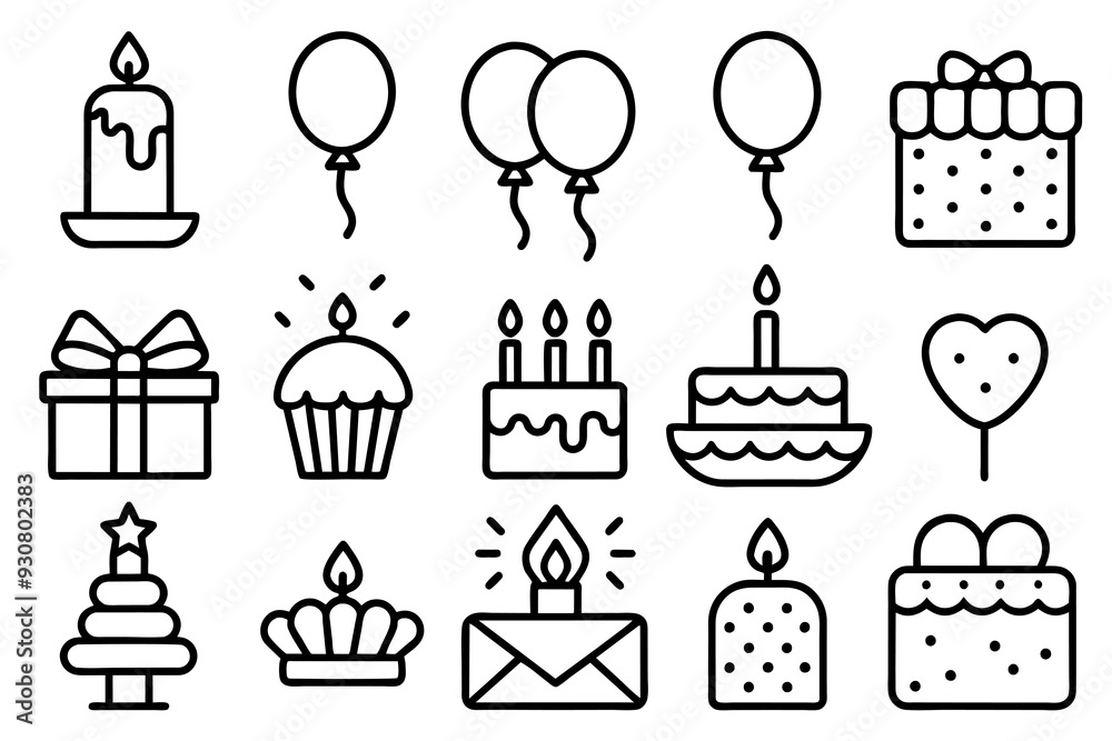 A collection of sixteen black and white line drawings features various birthday-themed items A collection of sixteen black and white line drawings features various birthday-themed items