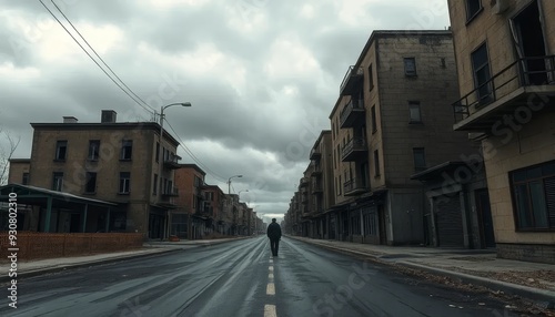 A man walks down a street in a city with tall buildings in the background. The sky is cloudy and the street is wet