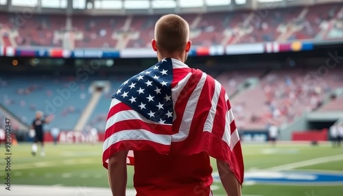 A man wearing a red and white American flag is standing in a stadium. The flag is draped over his shoulders, and he is proud of his country. The stadium is filled with people