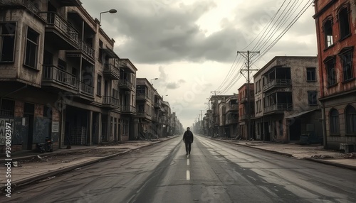 A man walks down a deserted street in a city. The street is empty and the sky is cloudy. The buildings are old and run down. The scene gives off a feeling of loneliness and abandonment