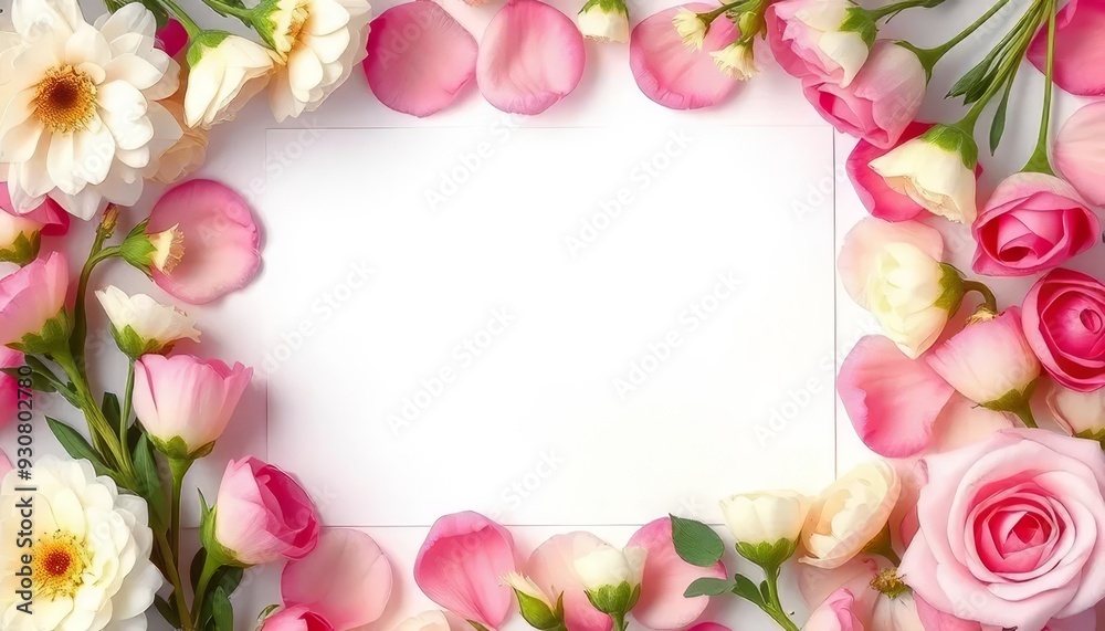 A white background with pink and white flowers surrounding a blank space. The flowers are arranged in a way that creates a sense of harmony and balance A white background with pink and white flowers surrounding a blank space. The flowers are arranged in a way that creates a sense of harmony and balance