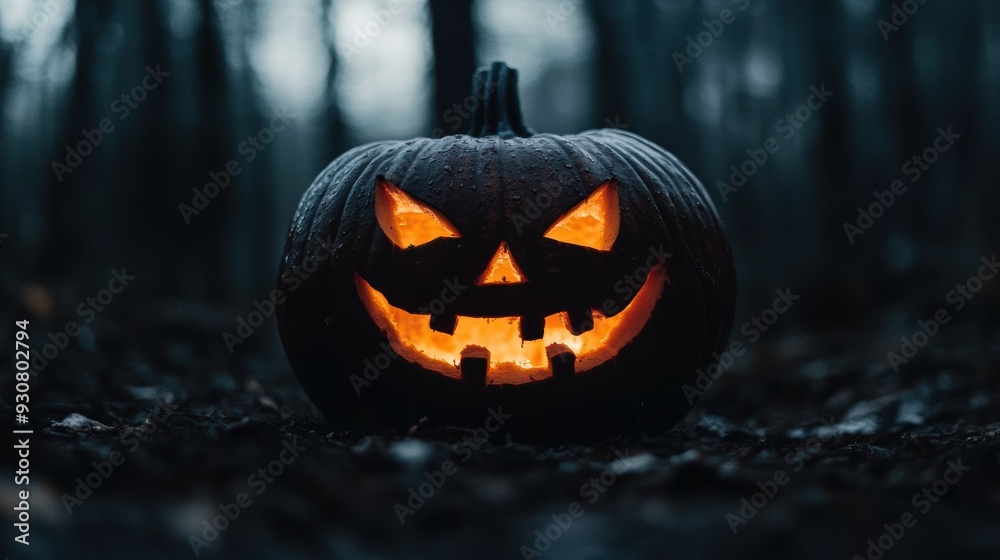A glowing jack-o'-lantern with a mischievous grin sits in a dark, eerie forest, casting an ominous light on the ground. A glowing jack-o'-lantern with a mischievous grin sits in a dark, eerie forest, casting an ominous light on the ground.