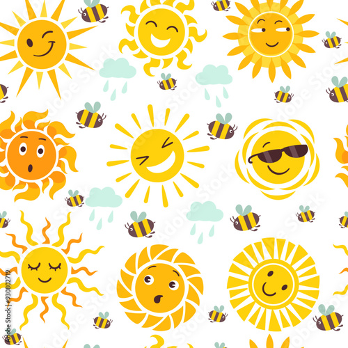 Sun icons seamless pattern. Summer time elements. Cute characters. Good morning sunlight. Happy bees. Clouds with rain. Repeated kids print. Sunshine rays. Splendid vector background