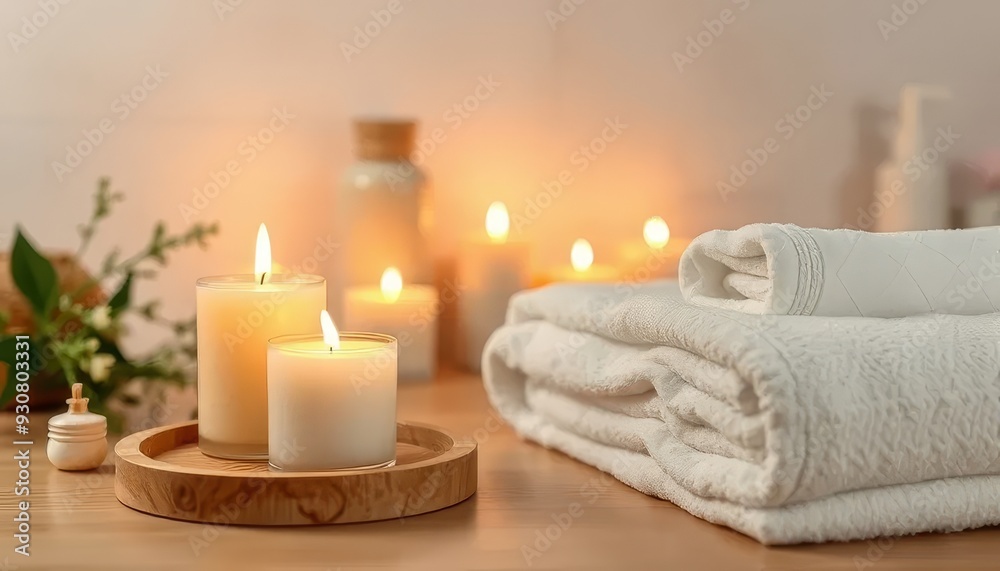 A table with candles and a white towel. Scene is calm and relaxing A table with candles and a white towel. Scene is calm and relaxing
