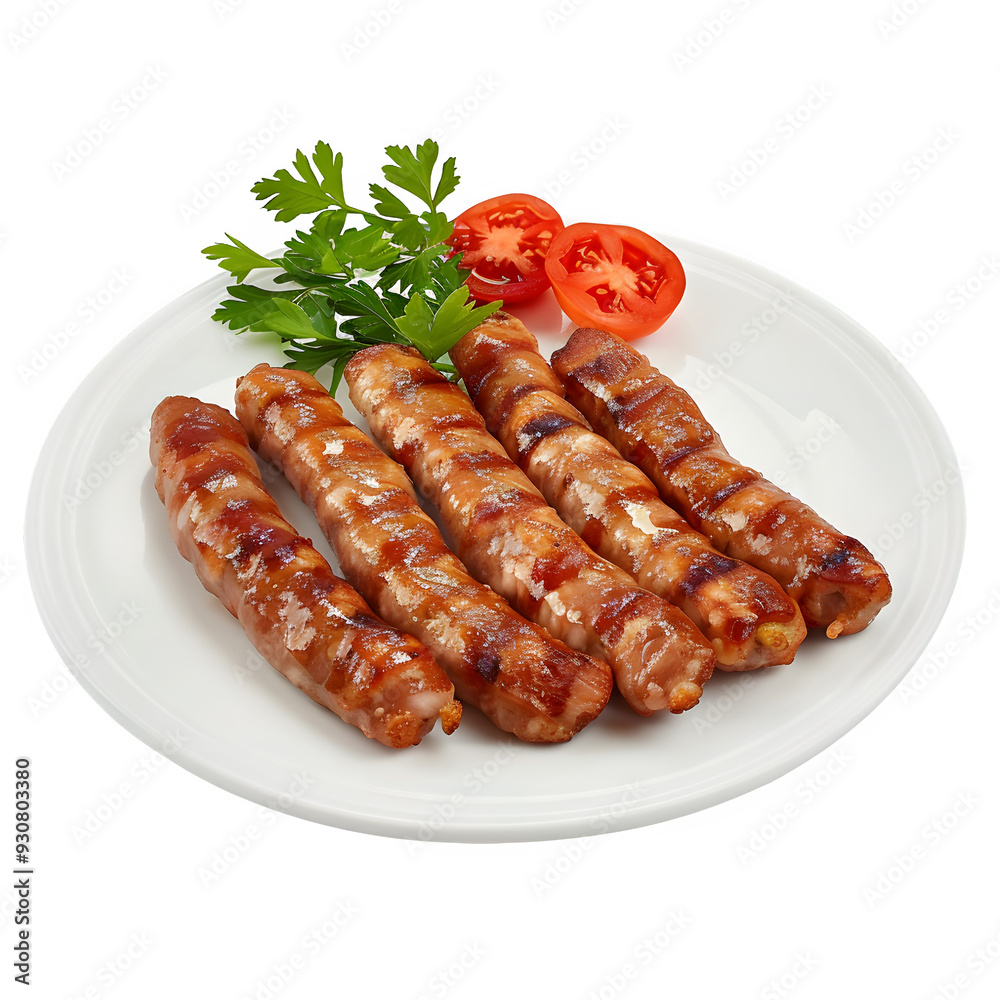 Delicious bulgarian grilled sausages served on a white plate with fresh parsley and sliced tomatoes on a transparent background