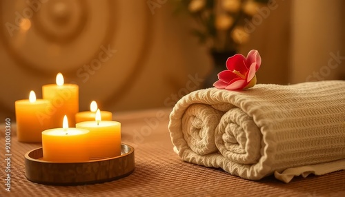 A table with candles and a flower on it. Scene is calm and relaxing
