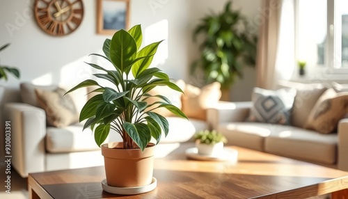 A potted plant sits on a wooden coffee table in a living room. The plant is green and he is a small tree. The room is well-lit and has a cozy atmosphere. The furniture in the room includes a couch
