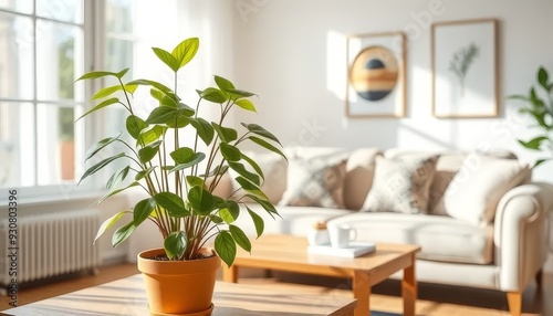 A potted plant sits on a coffee table in a living room. The room is decorated with a couch and a few books. The potted plant is the focal point of the room, adding a touch of greenery