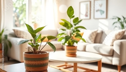 A living room with a white coffee table and two potted plants on it. The plants are green and the room is bright and welcoming