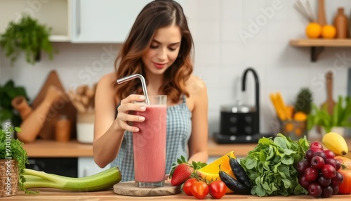 A woman is drinking a smoothie in a kitchen with lots of fruits and vegetables. The image conveys a healthy and active lifestyle, as well as the importance of consuming fresh produce