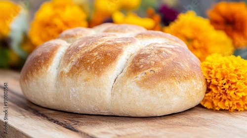 A loaf of bread sits on a wooden cutting board with a bunch of orange flowers in