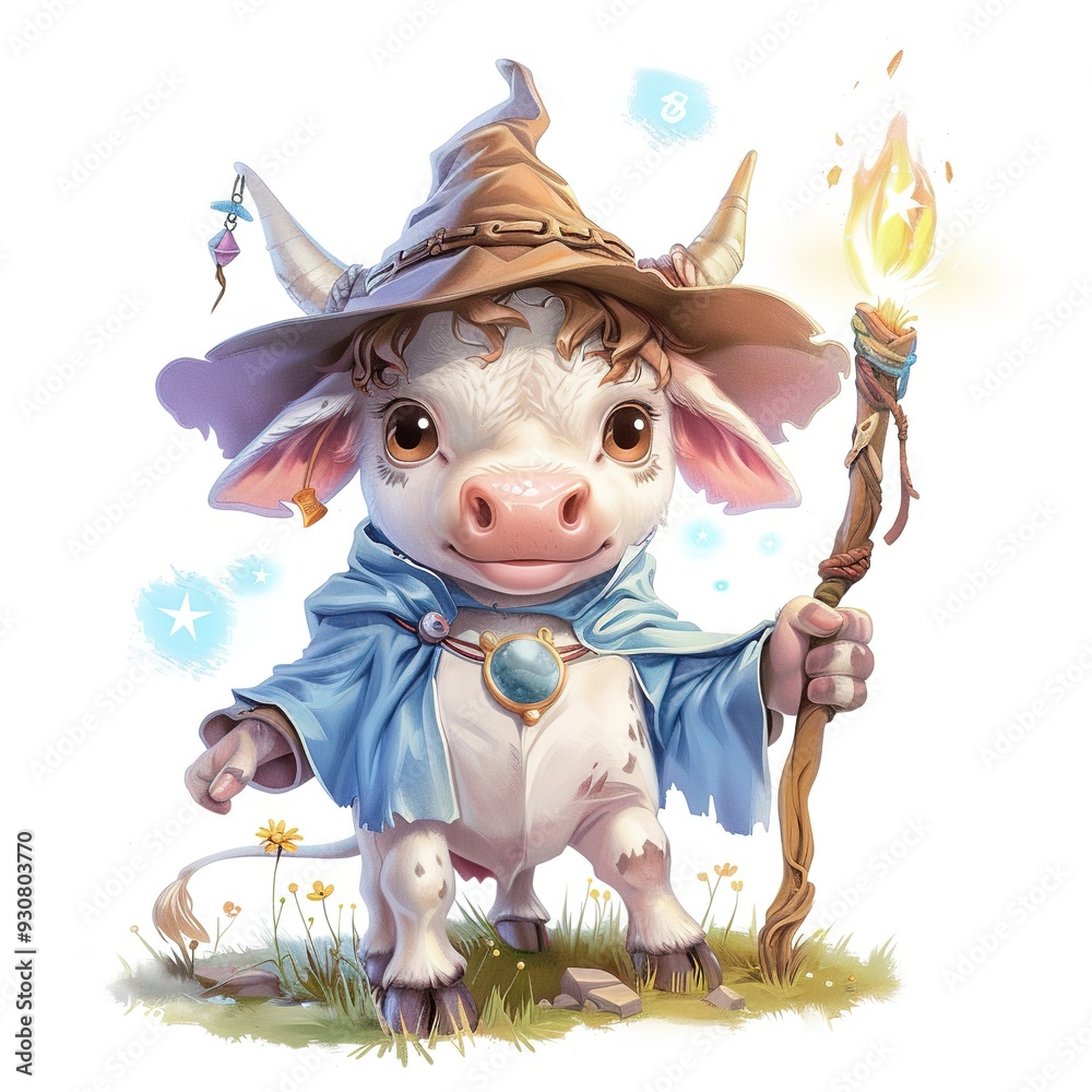Fototapeta premium Cow Enchanter Occupation fantasy animal cartoon isolated whitebackground