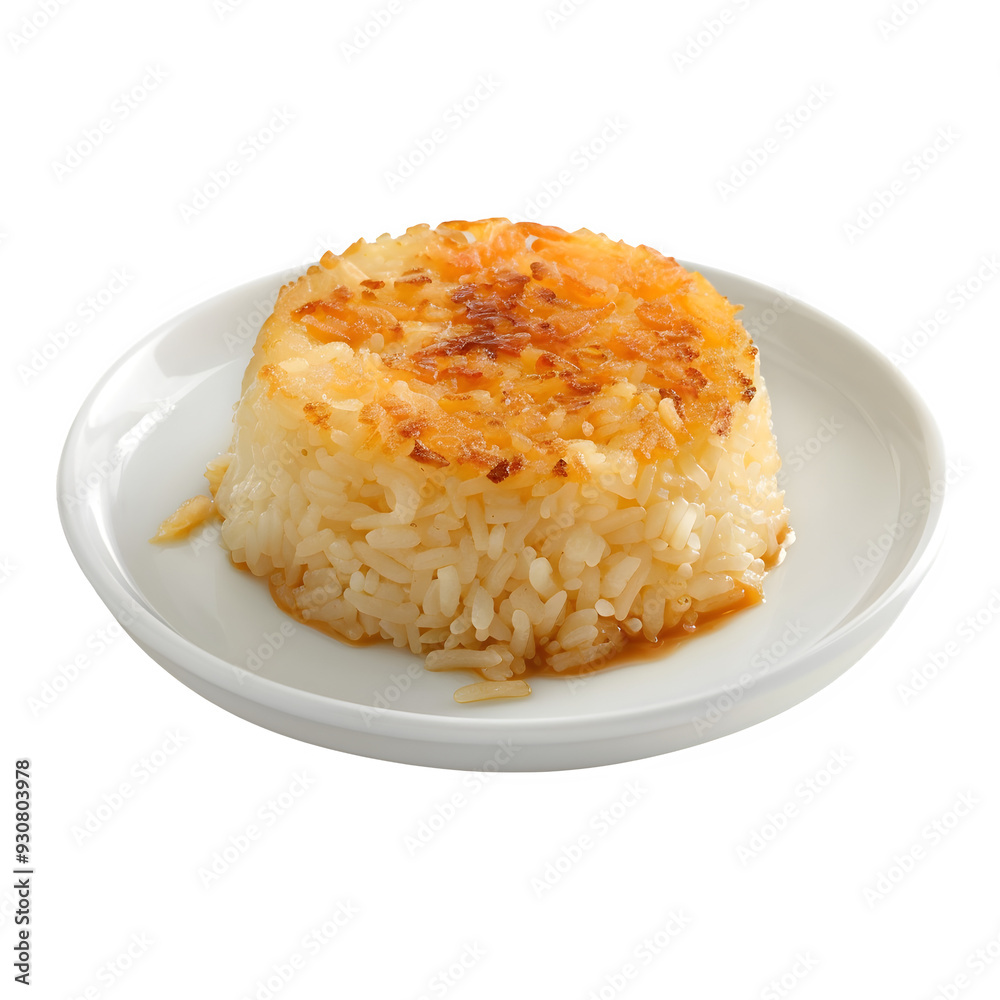 Traditional bulgarian rice dish served on a white plate, isolated on a transparent background, showcasing its texture and golden-brown top Traditional bulgarian rice dish served on a white plate, isolated on a transparent background, showcasing its texture and golden-brown top