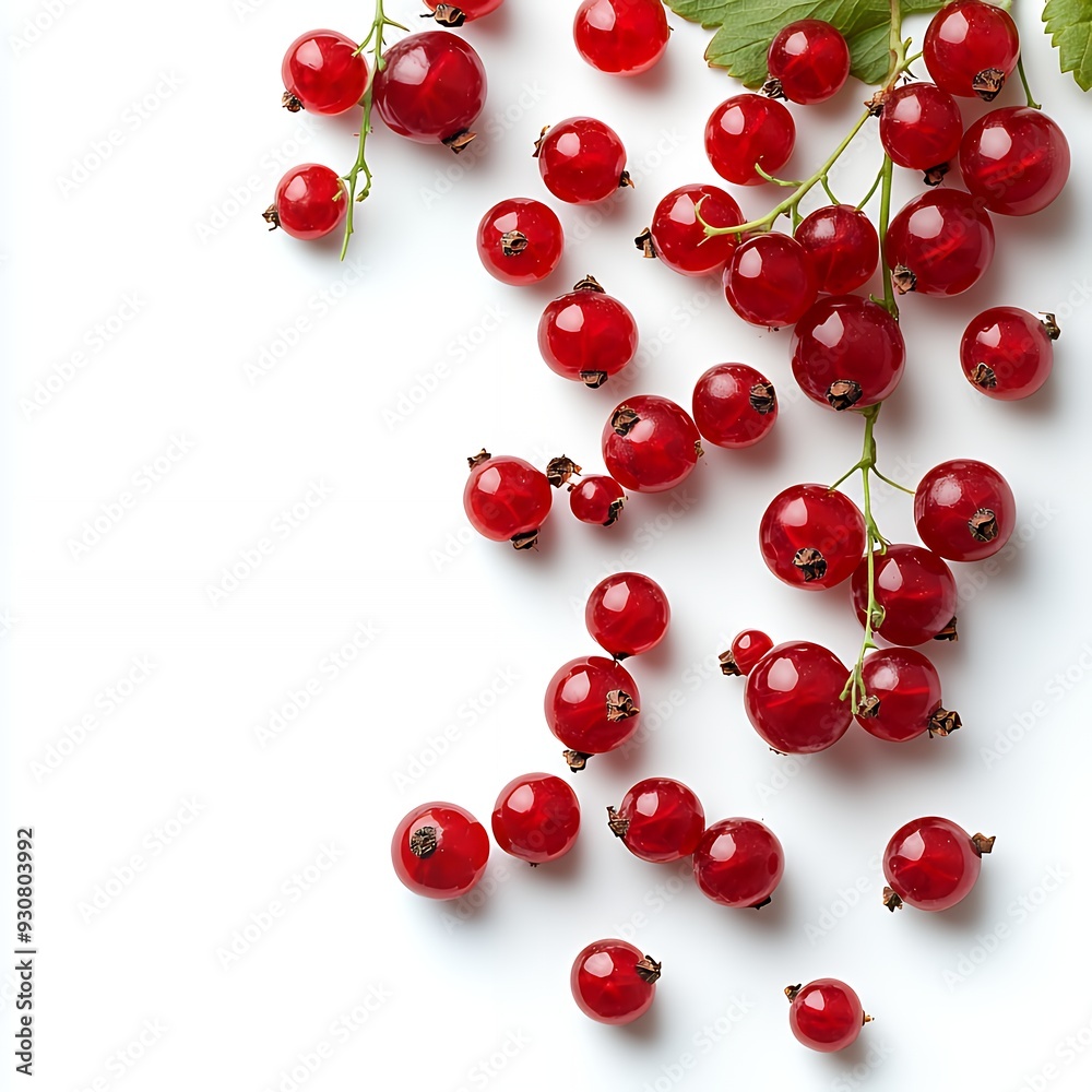A collection of fresh red currants arranged on a white background. A collection of fresh red currants arranged on a white background.