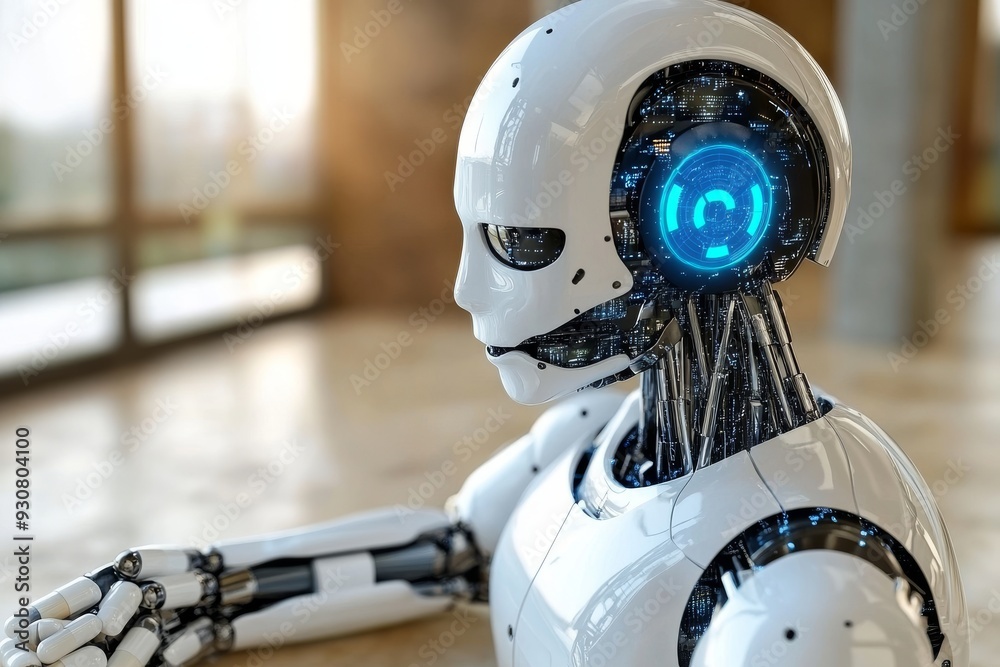 Fototapeta premium Humanoid robot interacting with digital interfaces advanced AI communication