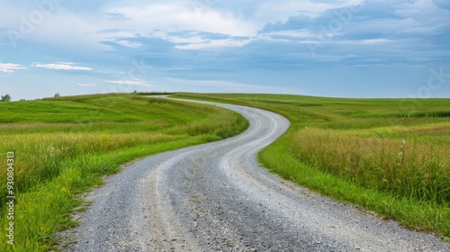 A long road winds through a grassy field