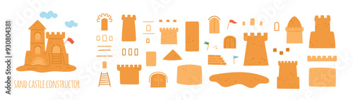 Sand castle parts. Summer beach games. Loose palaces elements. Kids fortress constructions. Holidays with children. Sandy stronghold. Wall and tower. Citadel constructor. Garish vector set