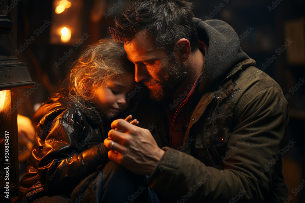 A father consoling his child after a difficult day, offering words of ...