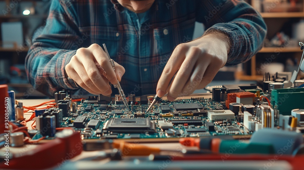 A close-up view of an electronic assembler working on a circuit board, with tools and components spread out on a light solid color background A close-up view of an electronic assembler working on a circuit board, with tools and components spread out on a light solid color background