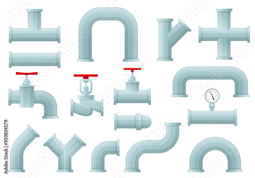 Plumbing pipes. Water supply elements. Industrial drainage system. Taps and valves. Pressure technologies. Sewerage construction. Piping faucets and joints. Curved tubes parts vector set