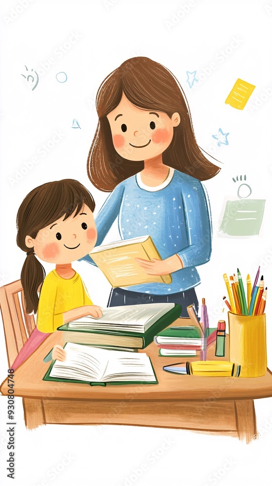 A smiling female teacher assisting a student with reading, both seated at a desk filled with books and stationery A smiling female teacher assisting a student with reading, both seated at a desk filled with books and stationery