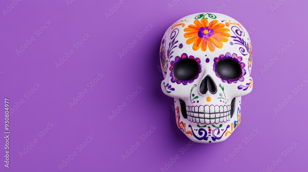A painted skull with flowers on it is on a purple background A painted skull with flowers on it is on a purple background